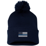 Thin Blue Line American Flag - Pom Pom Knit Beanie