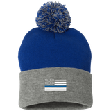 Thin Blue Line American Flag - Pom Pom Knit Beanie