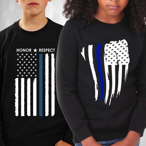 Thin Blue Line Kids Sweatshirts - Long sleeve sweaters for Police and Law Enforcement supporters