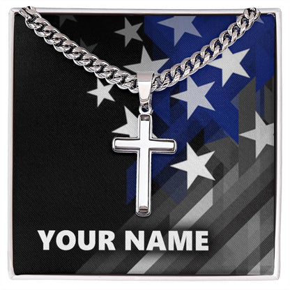 Personalized Steel Cross Necklace - with Cuban Chain - BR1