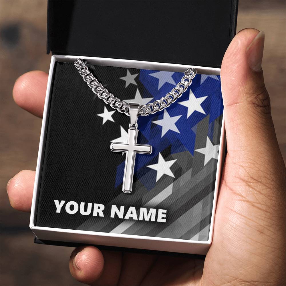 Personalized Steel Cross Necklace - with Cuban Chain - BR1