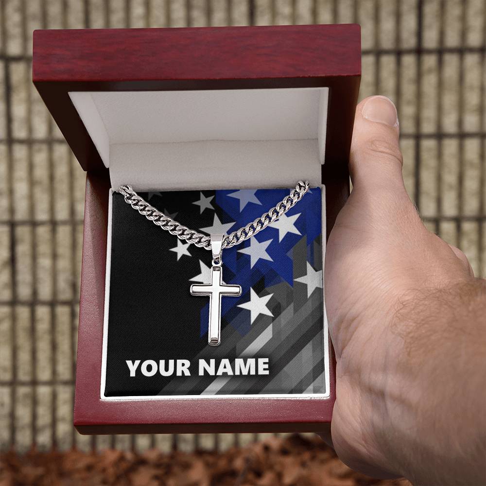 Personalized Steel Cross Necklace - with Cuban Chain - BR1