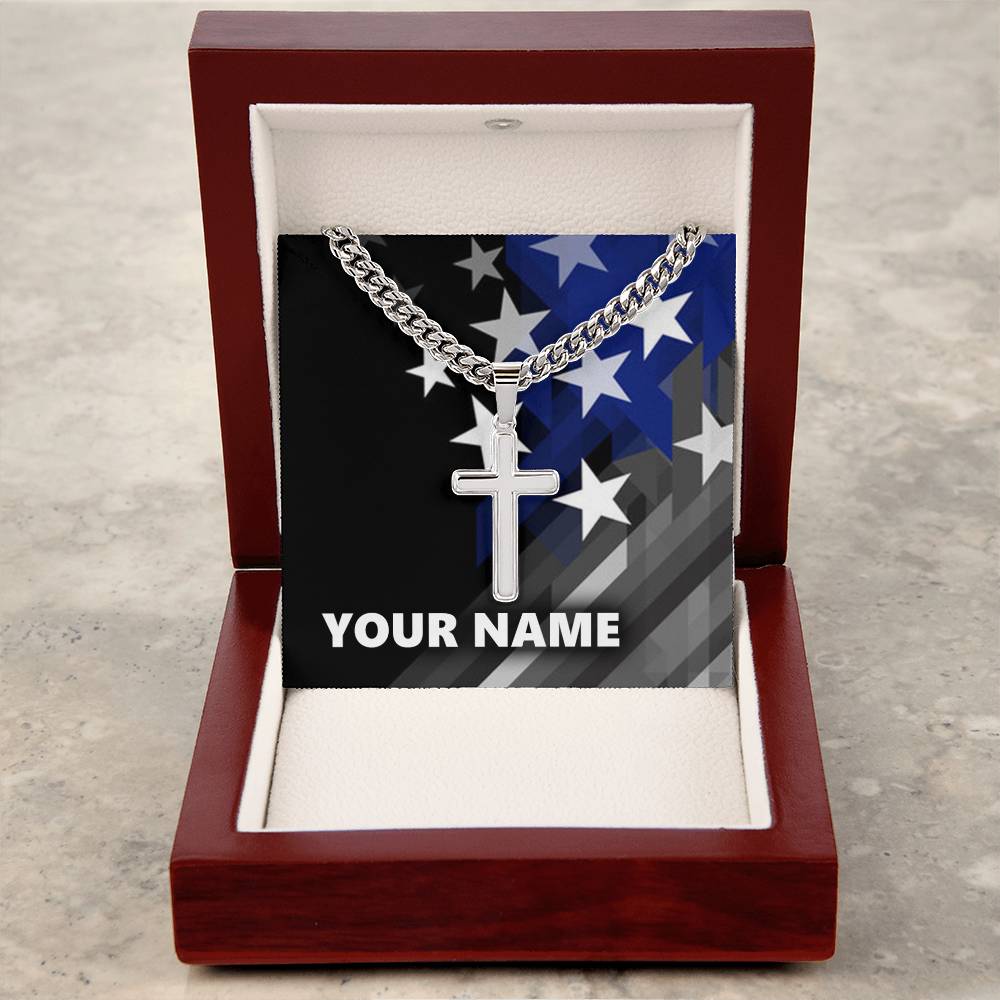 Personalized Steel Cross Necklace - with Cuban Chain - BR1