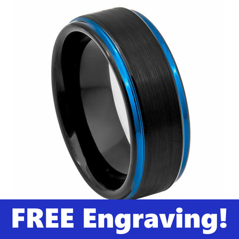 Panvisionary Thin Blue Line Tungsten Ring – 6mm Black, Blue Inlay, Flat Bevel Edge