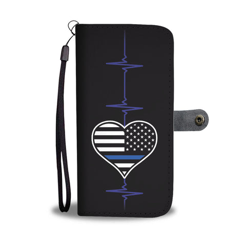 Thin Blue Line Heart Beat with Flag - Phone Case Wallet