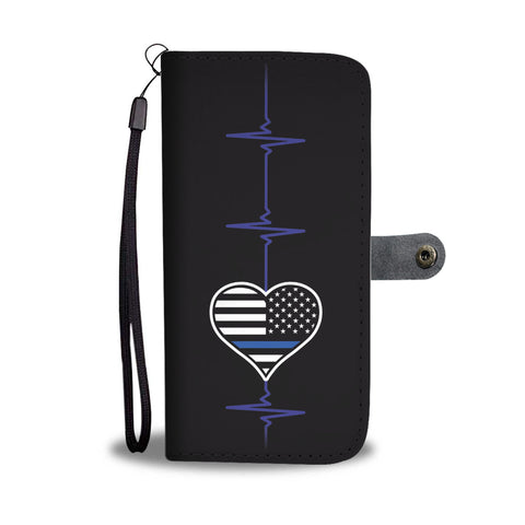 Thin Blue Line Heart Beat with Flag - Phone Case Wallet - 1