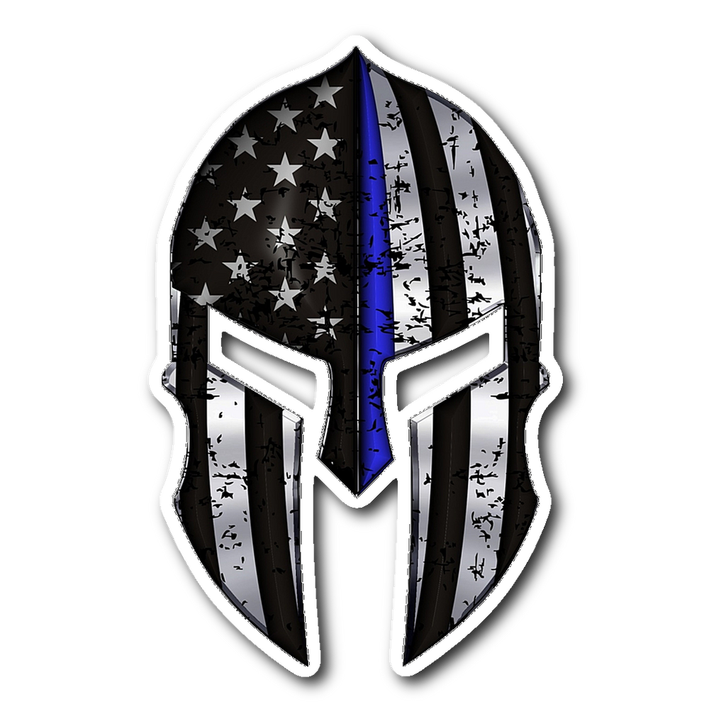 Tattered Thin Blue Line Spartan Helmet Sticker – American Flag – Law Enforcement – WarlordOne