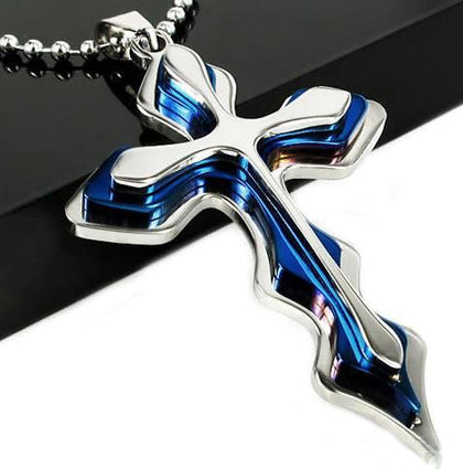Thin Blue Line Curved Cross Pendant Necklace