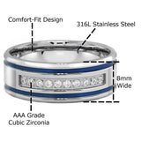 Thin Blue Line Stainless Steel CZ Blue Stripes Ring