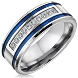 Thin Blue Line Stainless Steel CZ Blue Stripes Ring