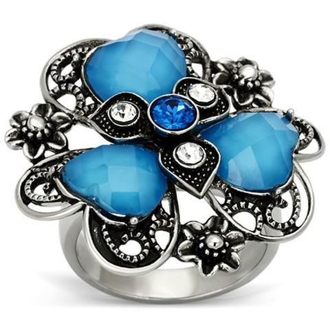 Thin Blue Line Sea Blue Flower Stainless Steel Ring